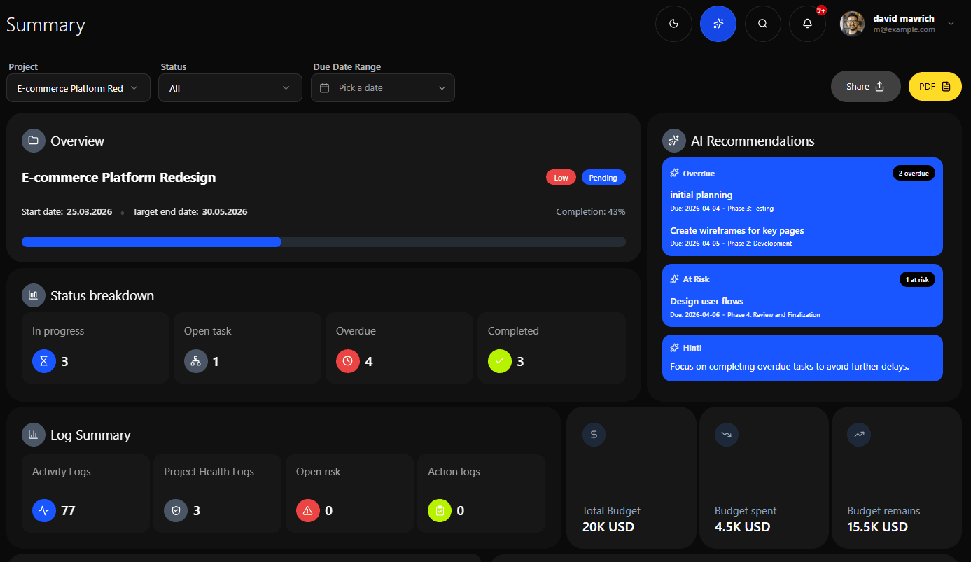 PanAI project summary page with milestones, activity feed and AI summary